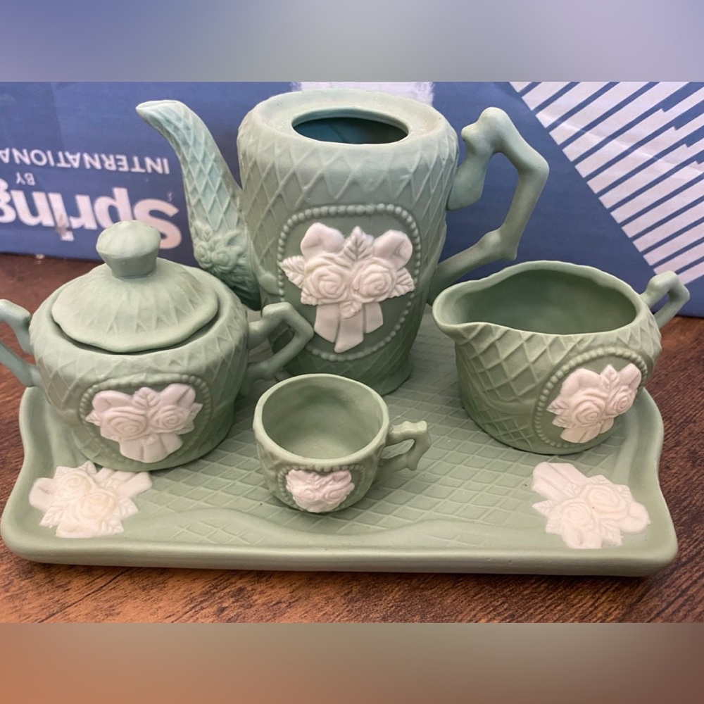 Vintage Bisque Victorian Mint Green Miniature Tea Set